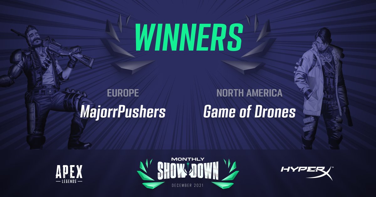 Strydagg's tweet photo. It's time to announce the first Apex Legends Monthly Showdown winners!
Congratulations to #MajorPushers & #GameofDrones for winning the Showdowns in their regions! https://t.co/NijyjhtqyU