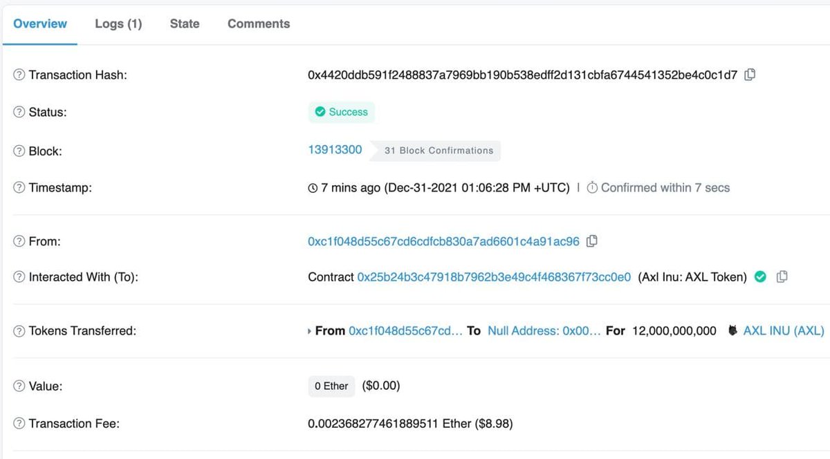AxlToken's tweet image. 🔥 AXL INU Completes The Biggest Burning Event 🔥

⛽️ On top of the previous 17.61% burn, we have burned yet another 12% of the total supply, burning nearly 30% of AXL tokens in total.

🔍You can view the details of the burn transactions here: t.me/Axl_Token/47