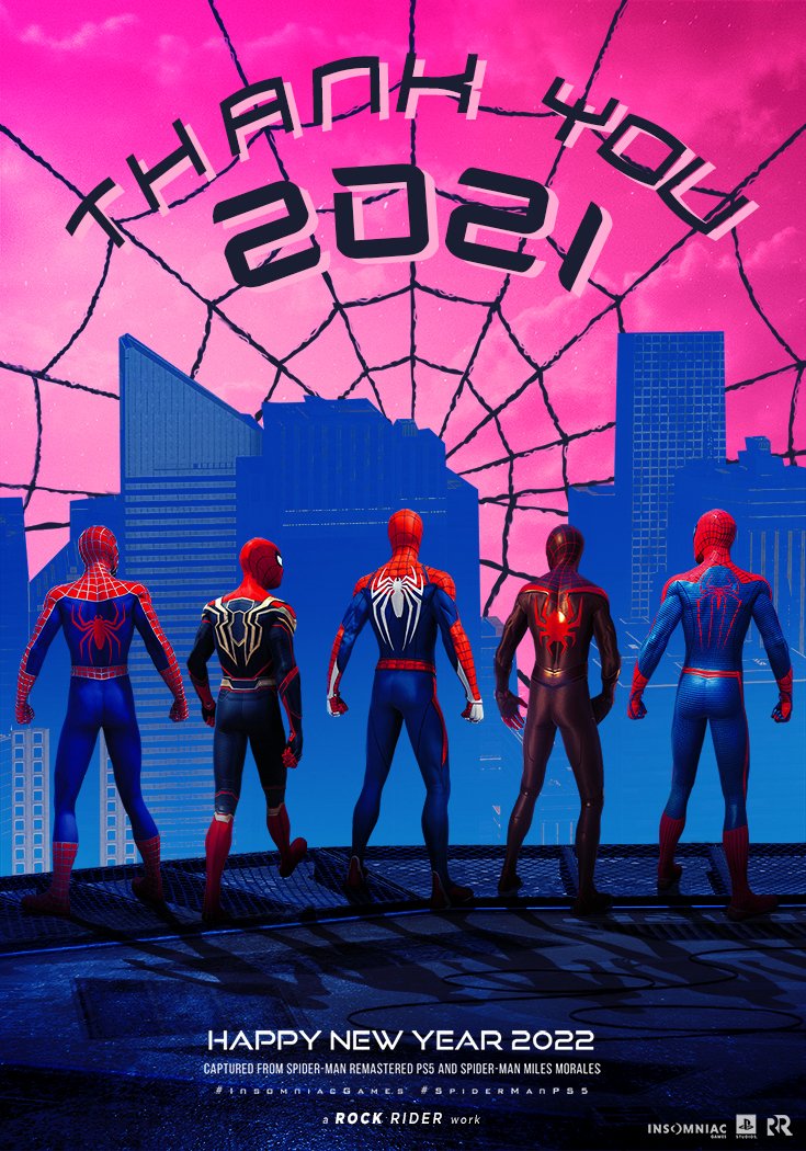 ursRockrider's tweet photo. Let's leave 2021 with a positive note. Thank you for the wonderful memories! 🕷️

Wish you all Happy New Year 2022! 🕸️

#SpiderMan #SpiderManPS5 #SpiderManNoWayHome #HappyNewYear2022 #RRconceptual https://t.co/IWBVJ3Bnrp