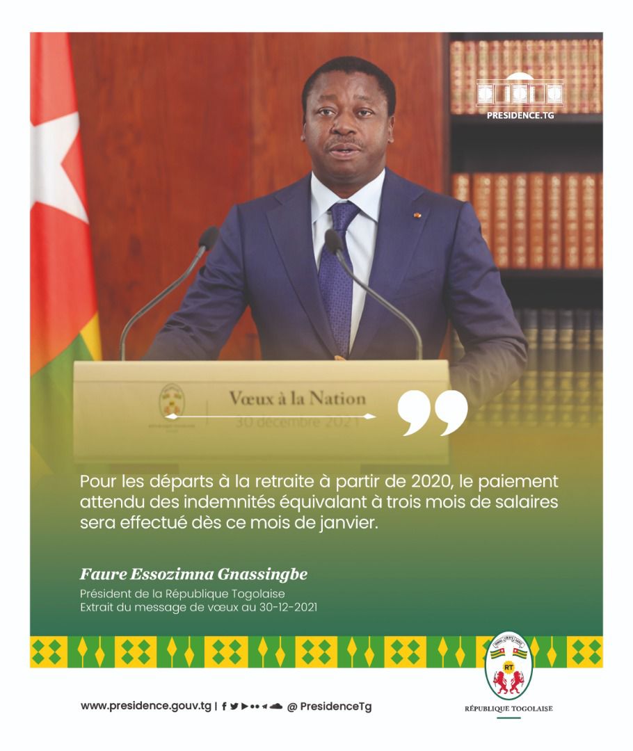 PresidenceTg's tweet photo. Le Président de la République, SEM @FEGnassingbe s’est adressé, ce jeudi 30 décembre 2021, lors du traditionnel message de vœux de Nouvel An à la Nation togolaise.
Retrouvez ci-dessous quelques extraits de son discours ⬇️⬇️⬇️
#DiscoursPRTG 🇹🇬🇹🇬🇹🇬
#vœux2022 https://t.co/Wn9B15eECh