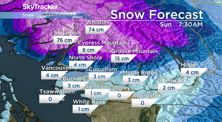 MMadryga's tweet photo. Computer model snow forecast for Saturday afternoon to early Sunday. A few cm Metro Van - possibly more. Rainy Sunday. HEAVY snow Squamish-Whistler. #BCstorm https://t.co/Md1xONWAU3
