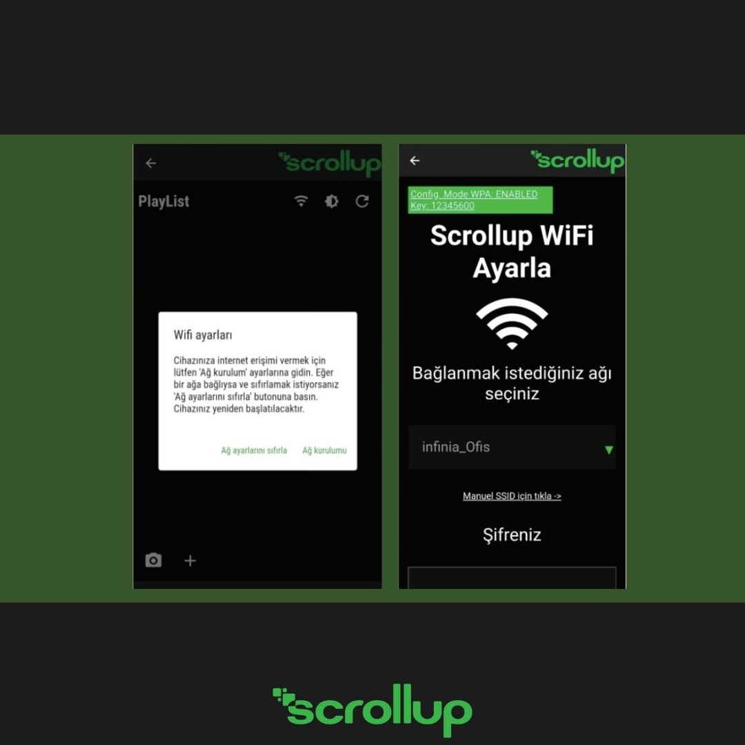 scrollup_media's tweet photo. Bunları biliyor muydunuz?
Scrollup'ı internete bağlamak için Scrollup’ın kendi ağa bağlandıktan sonra uygulamada “Wifi” butonuna dokunun. Açılan pencerede “Ağ kurulumu” butonuna dokunun. Açılan ekrandan internete kapalı
“Scrollup” ağının... https://t.co/JLYJRB4zJs