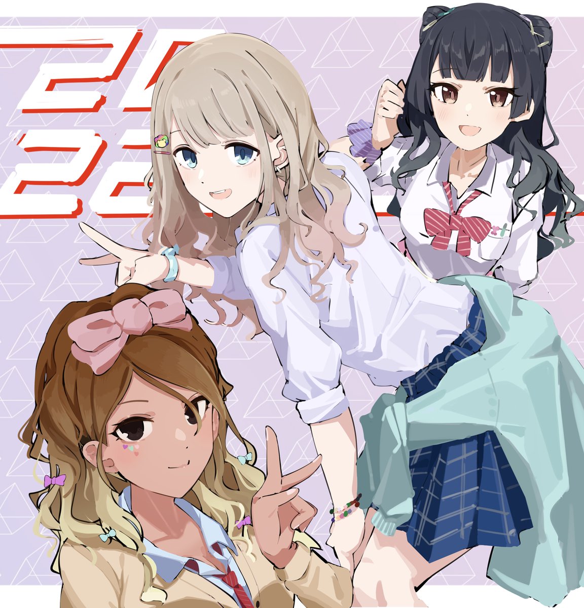 izumi mei ,mayuzumi fuyuko ,serizawa asahi gyaru 3girls kogal multiple girls v school uniform loose bowtie  illustration images