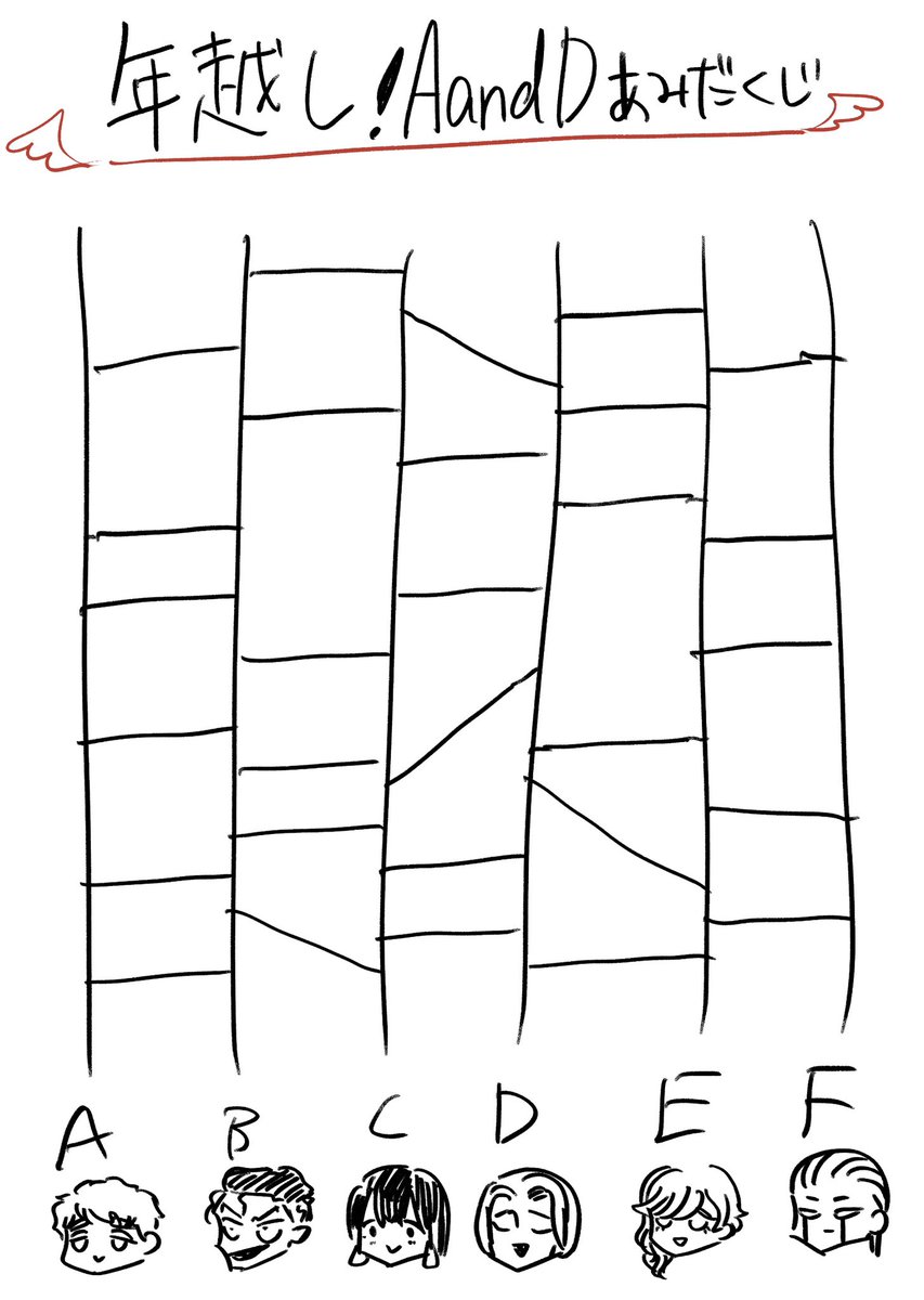 手元にちゃんとしたお絵描きツールがないので雑ですが年越しAandDあみだくじを作ったので暇つぶしにどうぞ 