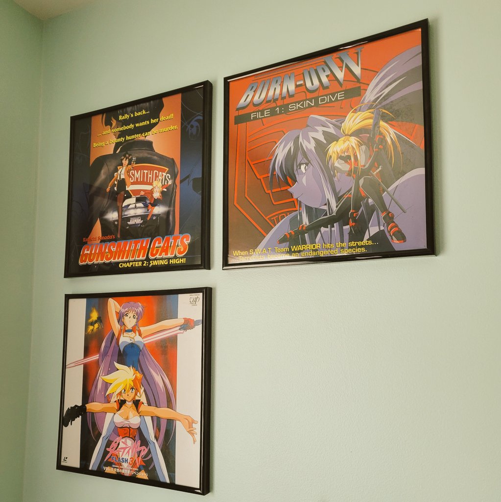 Gaming_Nomad's tweet photo. I have framed Laser discs of some of my favorite guilty pleasure anime. #BurnUpW #GunsmithCats #DirtyPairFlash #laserdisc #anime https://t.co/ItR0N1eKuj