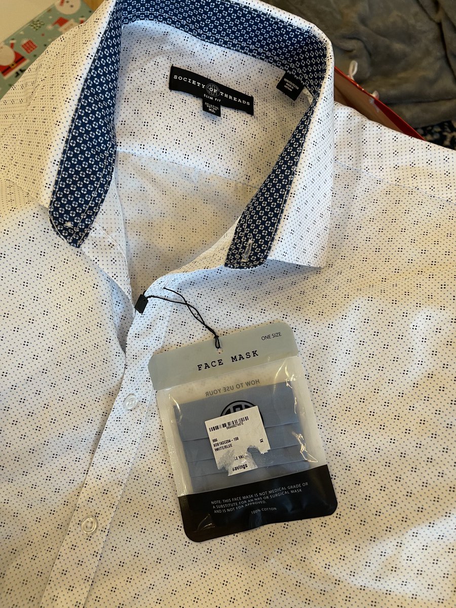 GeorgeMonks11's tweet photo. This shirt/ coordinated facemask combo gift I received may be one of the most 2021 things I’ve seen. I’ll stick with my KN-95 though. #maskupok #GetBoostedNow #Vaxforgood https://t.co/uqZ8NJSHmk