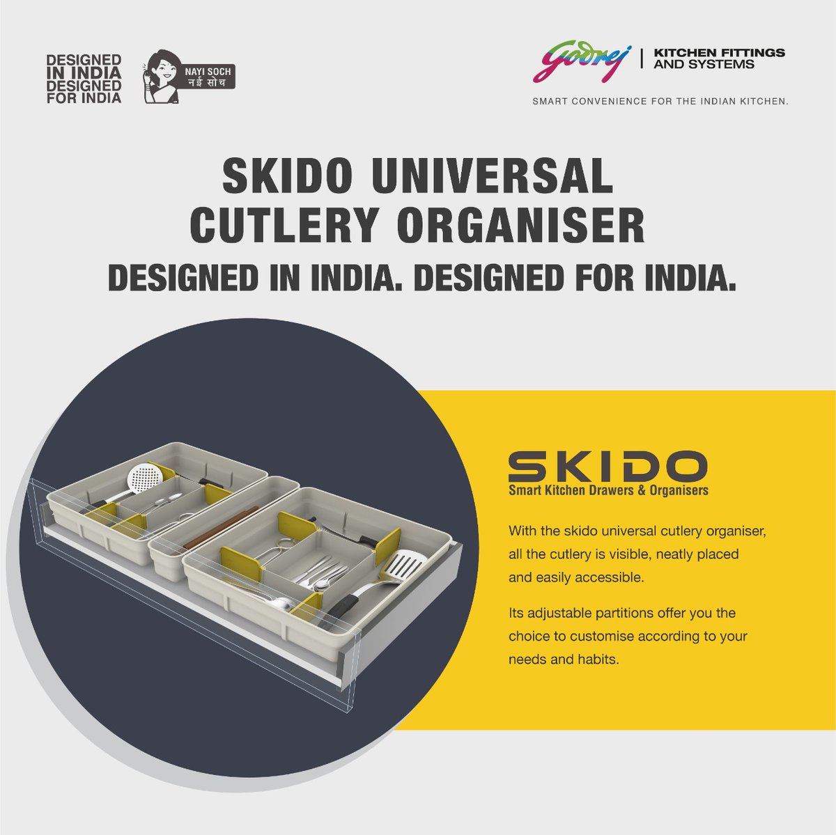 GodrejLocksS's tweet photo. The SKIDO Universal Cutlery Organiser is a smartly-designed storage innovation that specially caters to Indian cooking needs. With all the cutlery neatly placed and easily accessible, this organiser reduces clutter and adds ease and convenience in your kitchen. https://t.co/r7n1hZwxkX