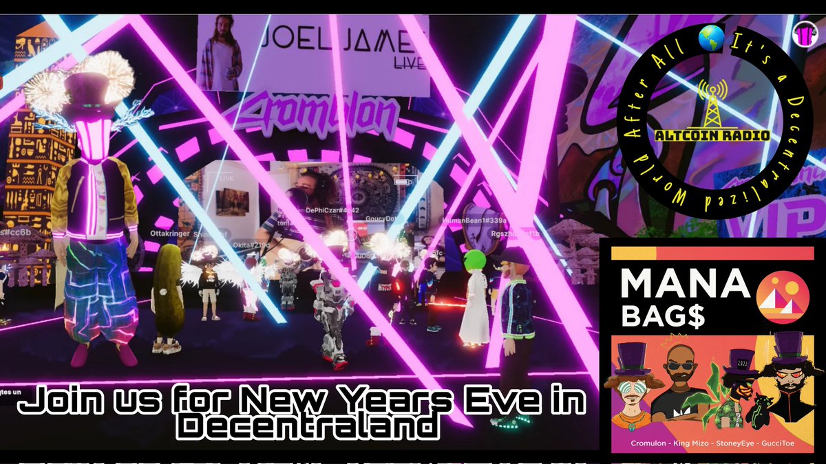 Join us for #NewYear2022 in #Decentralized jump In 👇
play.decentraland.org/?island=I13qeu…
🚨#NFTGiveaway🚨
✅Retweet + comment #Ethereum address +frens
✅Post svreenshot from event tagging @RadioAltcoin and <a href="/y_youmack/">YouMack</a> 
✅ Follow <a href="/JoelJamesLive/">Joel James</a> 
1 NYE 2022 TOP HAT #DCL wearable picked today!