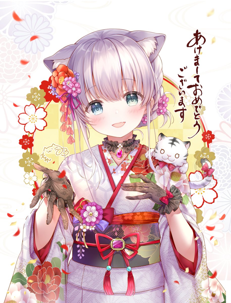 1girl kimono japanese clothes gloves animal ears solo sash  illustration images
