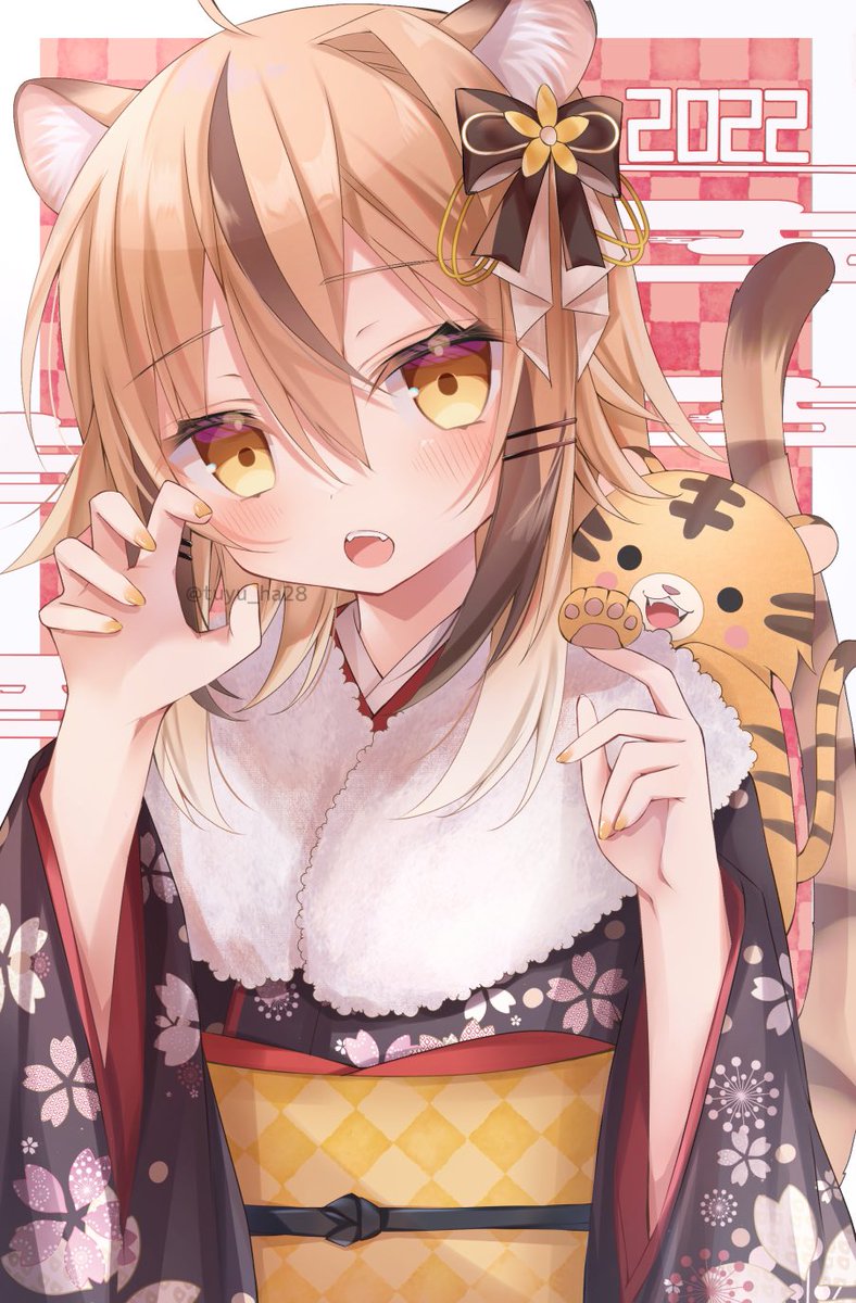 1girl japanese clothes animal ears kimono tiger ears year of the tiger obi  illustration images