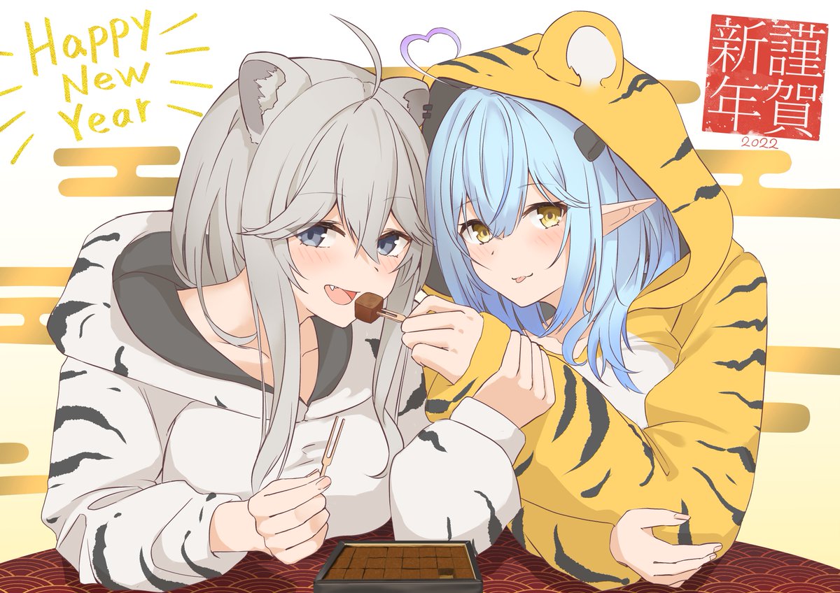 shishiro botan ,yukihana lamy multiple girls 2girls animal ears blue hair pointy ears grey hair year of the tiger  illustration images