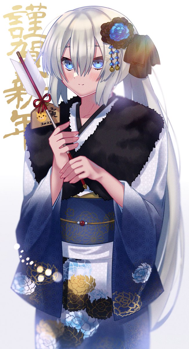 1girl japanese clothes kimono long hair blue eyes solo smile  illustration images