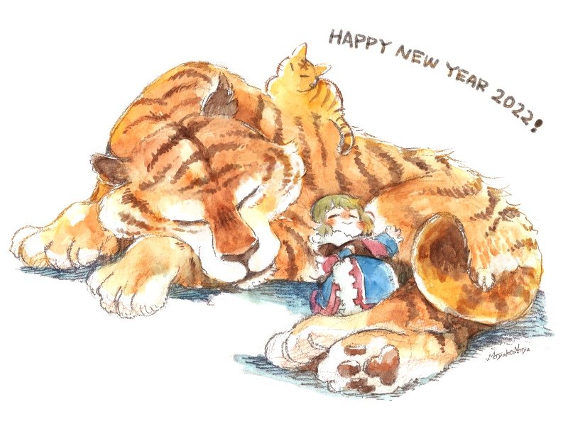 tiger 1girl chinese zodiac closed eyes new year white background happy new year  illustration images