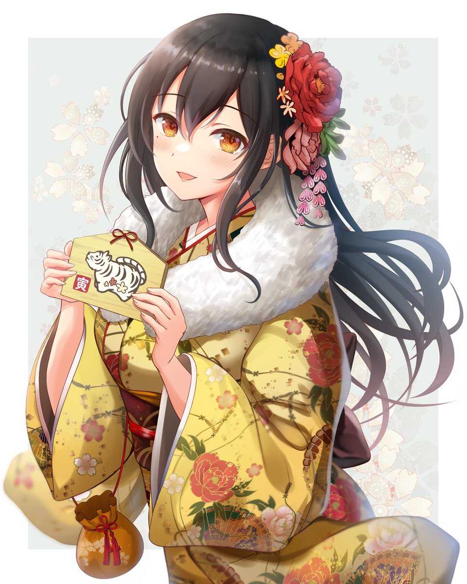 1girl japanese clothes solo kimono long hair hair ornament hair flower  illustration images