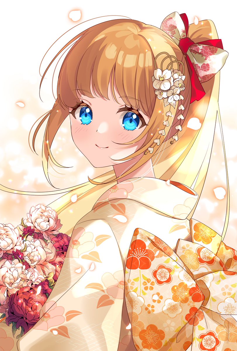 1girl blue eyes solo japanese clothes flower kimono smile  illustration images