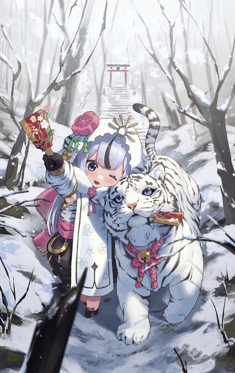 1girl tiger white tiger snow one eye closed year of the tiger torii  illustration images