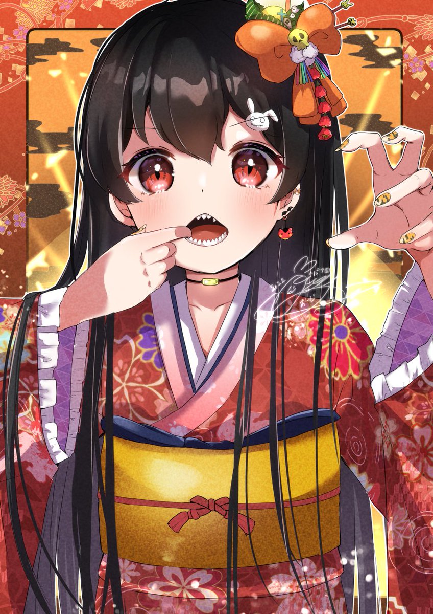 1girl kimono japanese clothes solo black hair red eyes long hair  illustration images