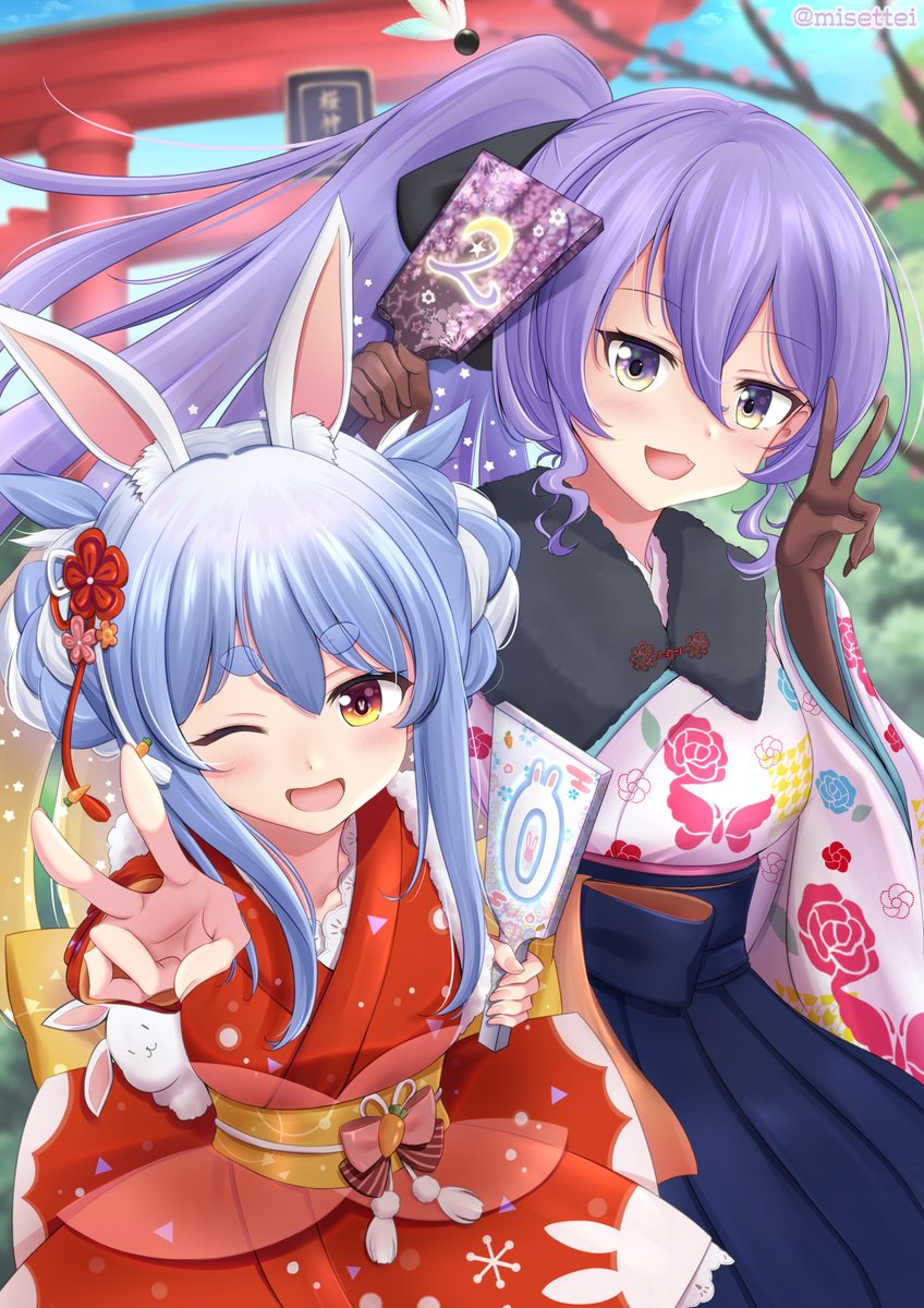 moona hoshinova ,usada pekora multiple girls 2girls japanese clothes blue hair torii animal ears kimono  illustration images