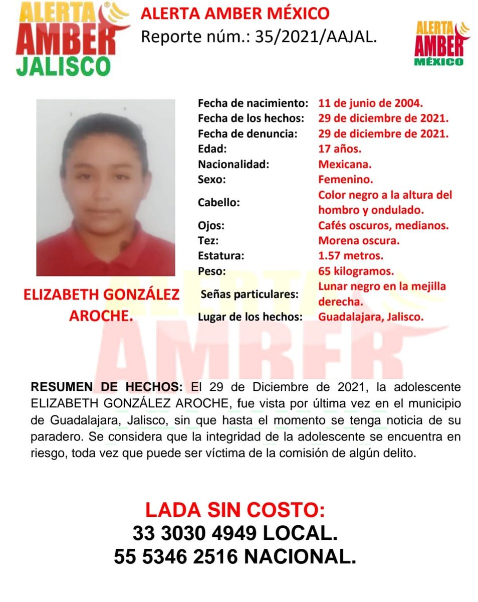 Cuatro adolescentes están desaparecidas en Guadalajara desde el pasado 29 de diciembre, informa <a href="/AAMBER_JAL/">ALERTA AMBER JALISCO</a>.
Compartamos para ayudar en la búsqueda de Diana Rubí, Ximena Noemí, Nadia Noemí y Elizabeth, que pronto puedan regresar con sus familias, pues se considera están en riesgo