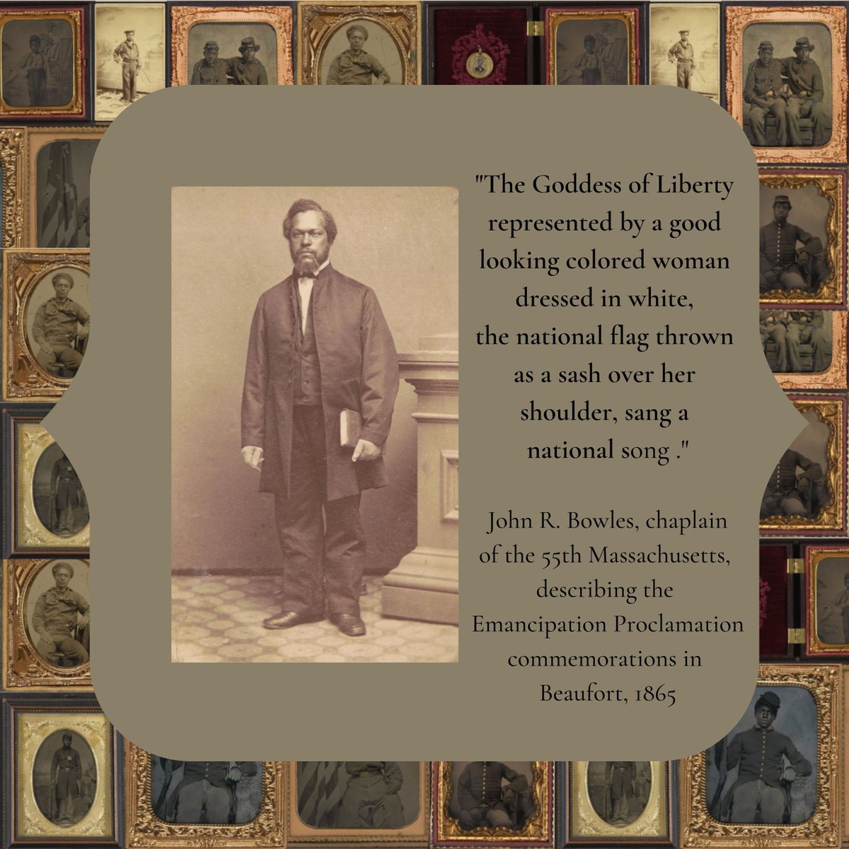 John R. Bowles, a schoolteacher from Chillicothe, OH, served as chaplain of the 55th Massachusetts. He described the 1865 commemoration of the Emancipation Proclamation in Beaufort: 
#UnitedStatesColoredTroops
#BlackMenInLincolnBlue
#EmancipationProclamation
#BlackHistory