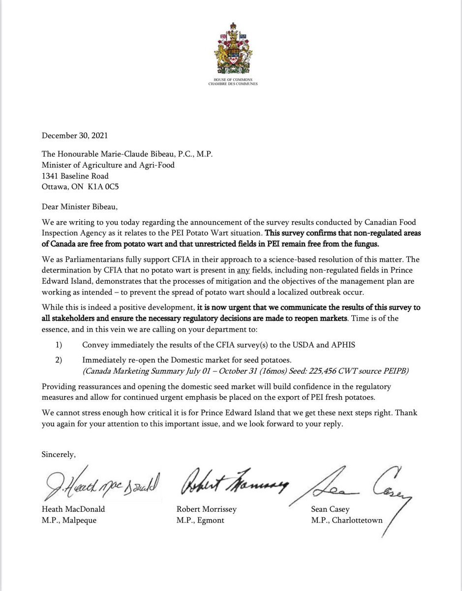 CornwallHeath's tweet photo. The following is a letter based on the recent announcement of CFIA regarding their Nationwide survey results. @PEIPotatoBoard @AgInfoPEI https://t.co/AHIYPV9fmk