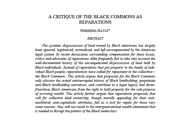In RLSC's newest issue, Professor Norrinda Hayat (@norrindahayat) provides a critique of the Black Commons - repayment to the collective - as a form of reparations. Read here: socialchangenyu.com/review/a-criti…