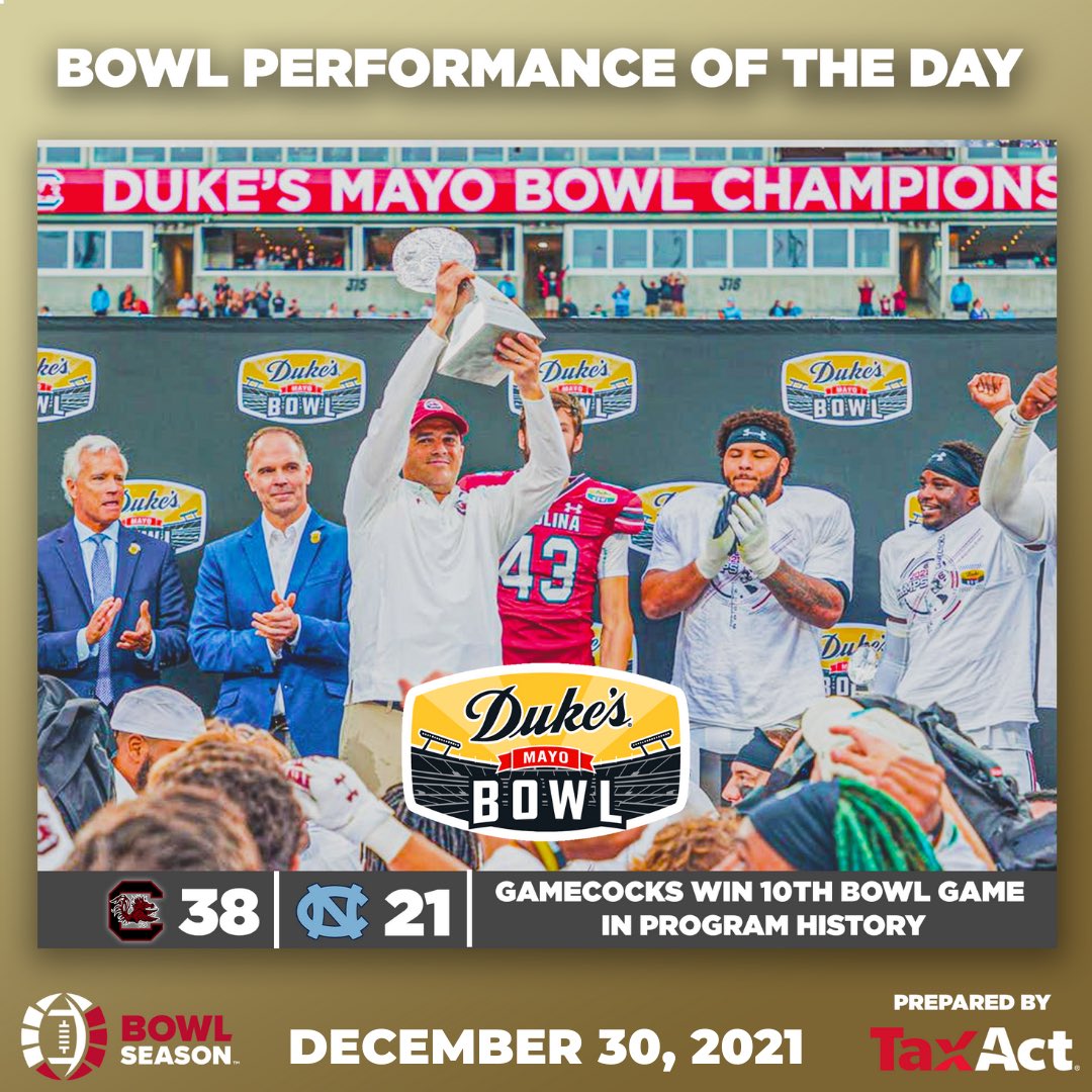 BowlSeason's tweet photo. Yesterday’s #BowlSeason #BowlPerformanceOfTheDay, prepared by @TaxAct, goes to @GamecockFB!
The #Gamecocks beat #UNC in the @DukesMayoBowl to lock up their 10th #BowlWin in program history! 🎉🏈 https://t.co/04dSI4vLCN