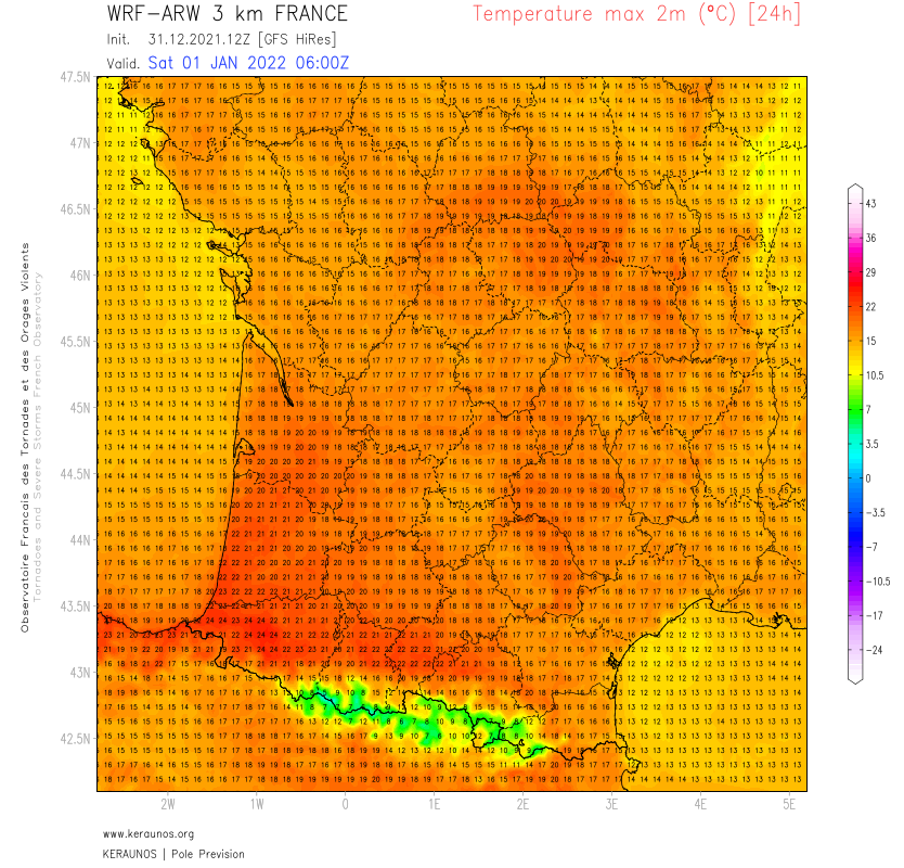 Il a fait jusqu'à près de 24°C dans le sud-ouest ce 31 décembre. Ce sera à nouveau le cas demain 1er janvier avec plus de 20°C, localement 24°C sur le sud #Aquitaine. 