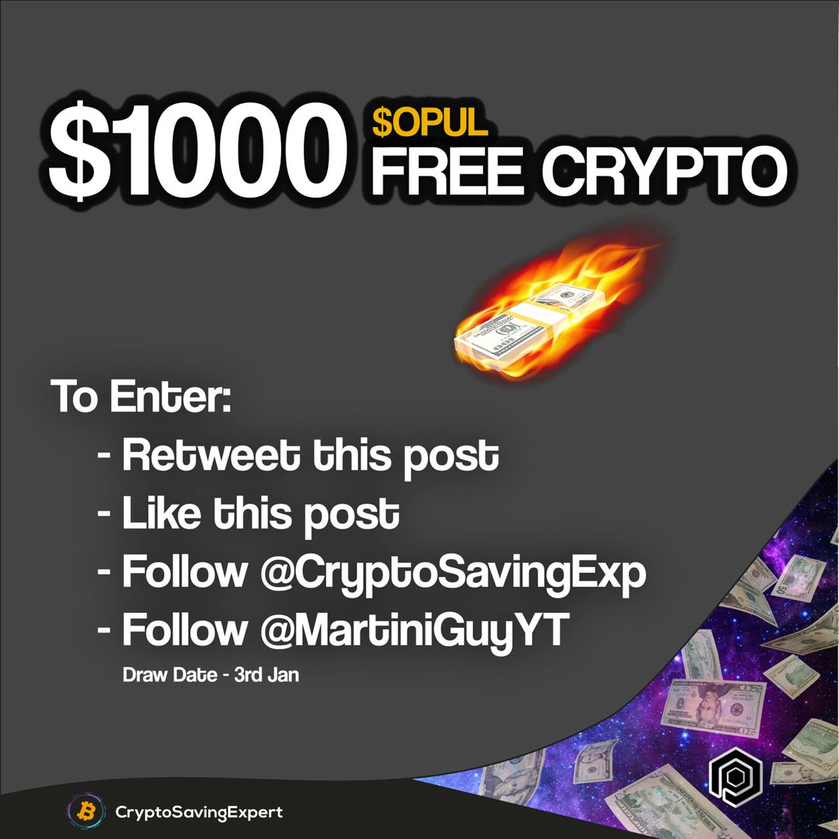 $1,000 #CRYPTO GIVEAWAY!

TO ENTER:
- Retweet this post ♻️
- Like this post ❤️
- Follow <a href="/CryptoSavingExp/">CryptoSavingExpert ®</a>
- Follow <a href="/MartiniGuyYT/">That Martini Guy ₿</a>

Draw Date - 3rd January