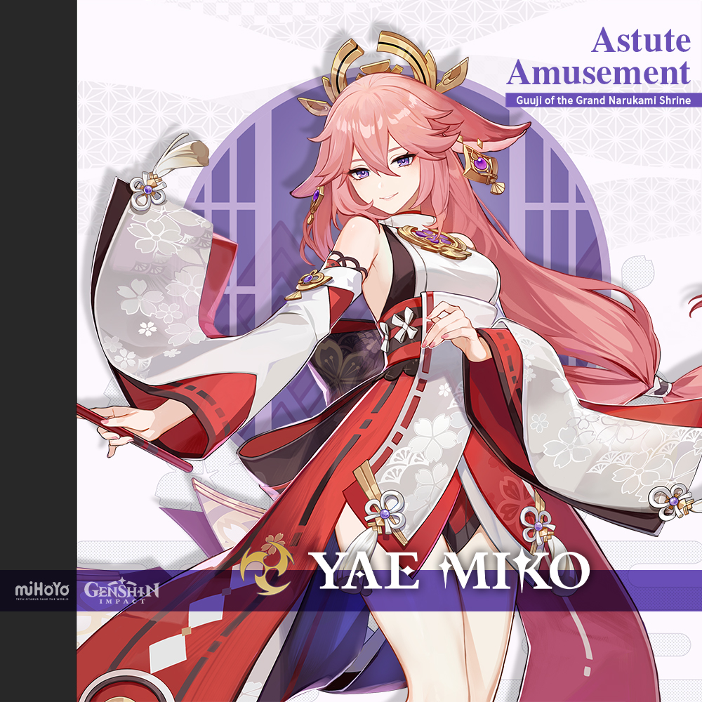 Yae Miko ‧ Astute Amusement
Guuji of the Grand Narukami Shrine

The Grand Narukami Shrine's head shrine maiden and a descendant of Kitsune lineage, Eternity's servant and friend... and the intimidating editor-in-chief of Yae Publishing House, a publisher of light novels.