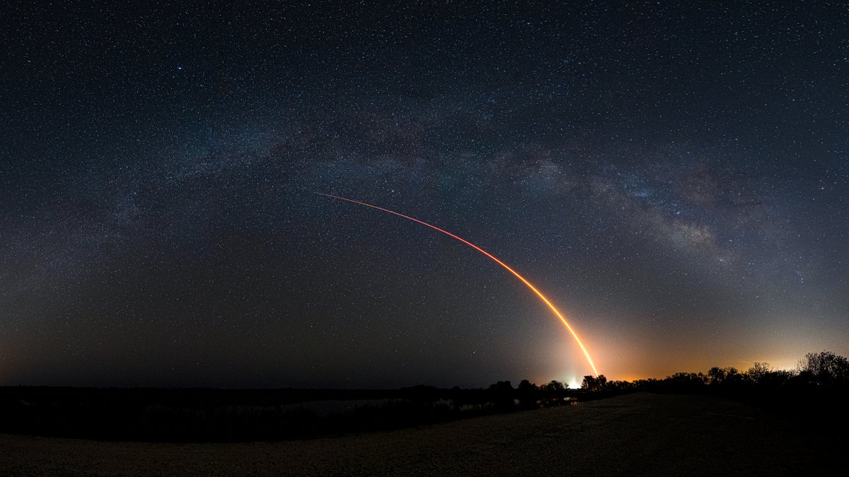 John Kraus Twitter Tweet: Falcon 9 launches against the Milky Way. A launch time, weather conditions, and time of year that I had waited to all align for years.

7x 20", f/4, ISO 6400 panorama; 1x 132", f/10, ISO 100; all at 14mm https://t.co/8bArLZQzc5