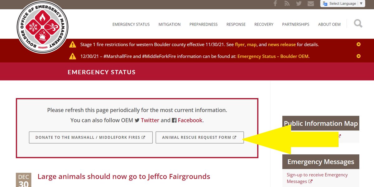 Please remember that if you have a request for your animals to be rescued, please fill out the form online. It can be found on the homepage of the Emergency Status page at BoulderOEM.com. See the screenshot below to see what it looks like.