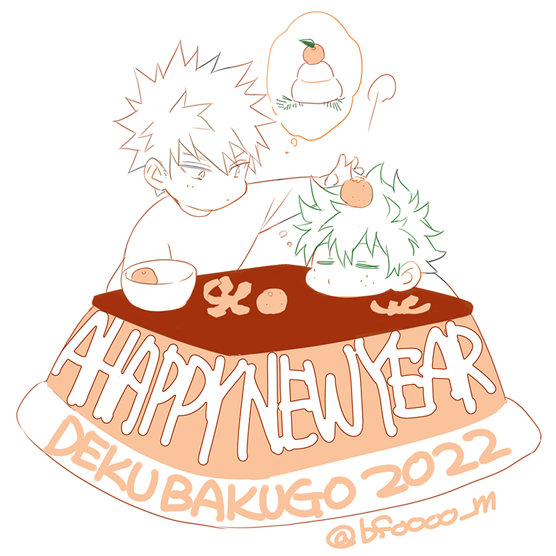 bakugou katsuki ,midoriya izuku multiple boys 2boys freckles spiked hair food on head food fruit  illustration images