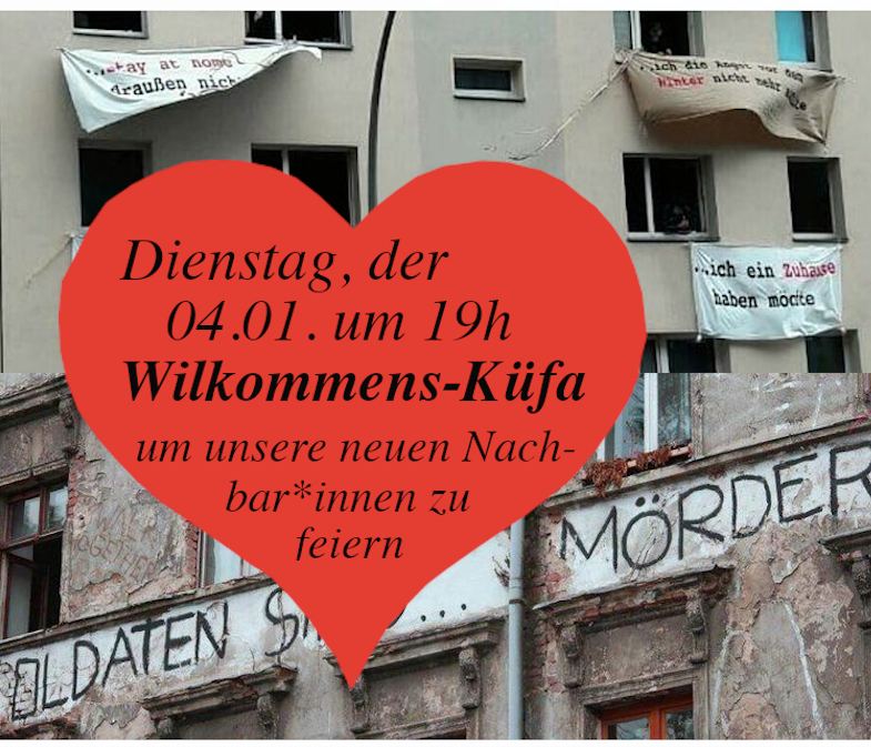 Wir freuen uns riesig über unsere neuen Nachbar*innen und wollen sie angemessen im Kiez begrüßen. Kommt vorbei zu unserer Wilkommens-Küfa am nächsten Dienstag um 19h und lasst einander kennenlernen und das neue Projekt im Kiez feiern! Kommt getestet!