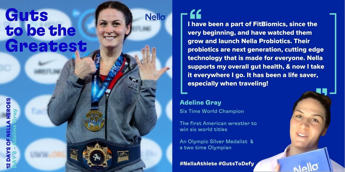 FitBiomics's tweet photo. 12 DAYS OF NELLA HEROES
Day 12 - Adeline Gray  

1st USA wrestler to win 6 World titles @AdelineGray is often considered one of the greatest wrestlers of all time.

💙We are honored to be part of Adeline's journey💙

Imagine what Nella can do for you!?!🤔

#GrayToGold #probiotics https://t.co/oH445c29Pa