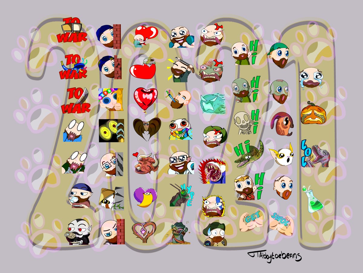 TabbyToeBeans's tweet photo. The roller-coaster that's 2021 is closing, so here's the emotes that I made for @PanopticPunch throughout the year! Themed emotes of #Biomutant #Diablo2Resurrected #JurassicWorldEvolution2 , zombies, 1 year stream-iversary, Halloween + Christmas along with reworked regulars 💕 https://t.co/7BDinibQun