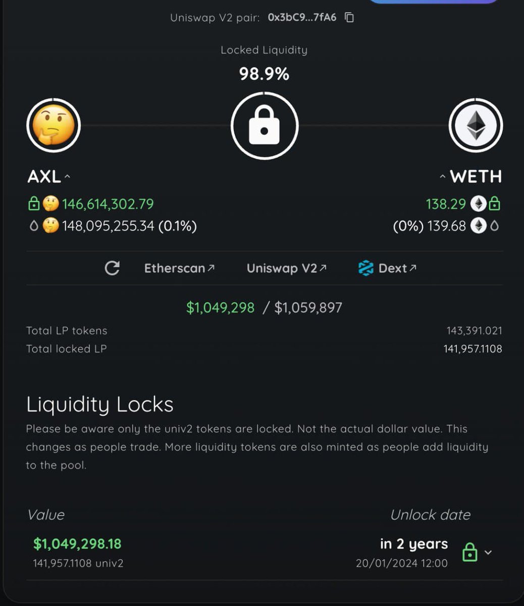 🐺#AXLINU is here to stay: 

🦄UNISWAP LP Locked for 2 Years:
app.unicrypt.network/amm/uni-v2/pai…

🥞Pancakeswap LP Locked for 2 Years:
app.unicrypt.network/amm/pancake-v2…