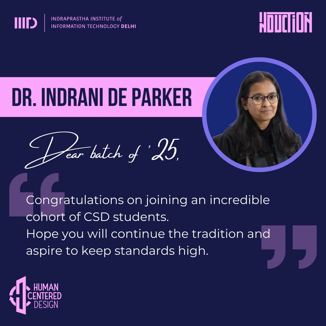 Wishes from Dr. Indrani De Parker (Faculty HCD, IIIT Delhi) to the incoming batch of CSD 2021-25. 
Induction 2021
#Inductioniiitd #iiitd #hcd #hcdiiitd