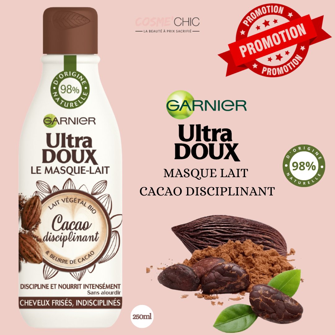 Cosme_Chic's tweet photo. Masque-Lait Garnier Ultra DOUX au lait végétal bio et au beurre de cacao pour cheveux frisés ou indisciplinés. 

A seulement 2,89 € chez https://t.co/ecLHHlkkIi 

#cosmechic #hydratationdescheveux #masquelait #cacao #garnierbio  #promo #destockage #cheveuxfrise #ultralegere https://t.co/qSlfqYQiAs