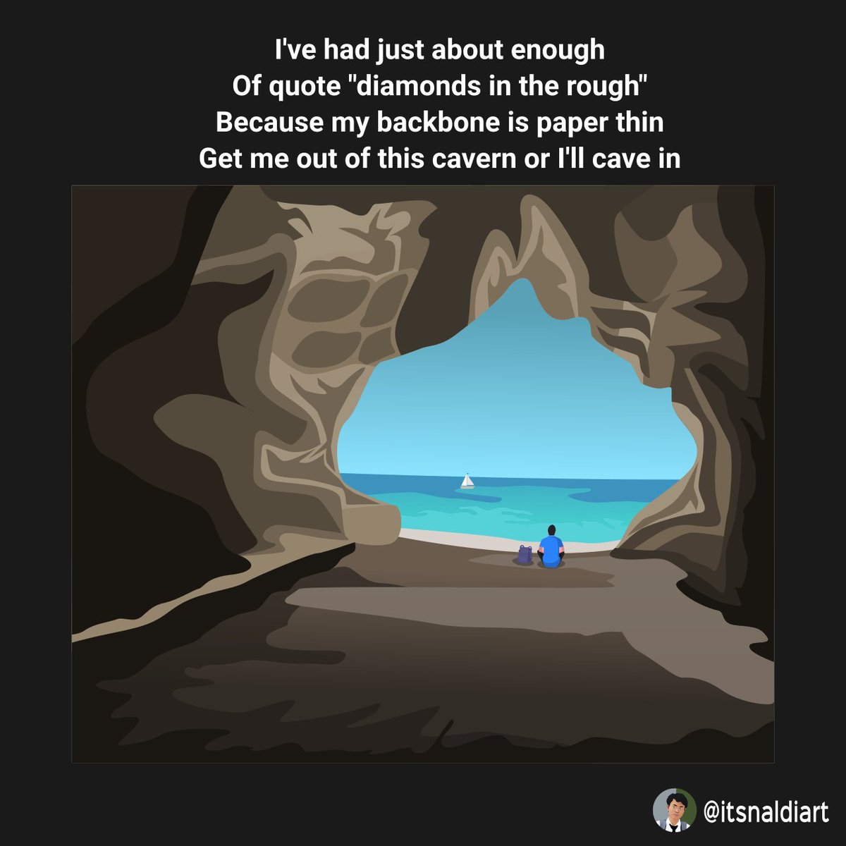 itsnaldiart's tweet photo. 40. Cave In

"Get me out of this cavern or I'll cave in."

#vector #vectorart #vectordesign #inkscape #inkscapeart #inkscapedesign #owlcity #owlcityart #owlcityfanart https://t.co/3yicCppsBc
