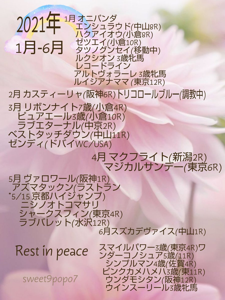 追加•••
9月8日*#ココロノイコロ くん.❤️
6歳牡馬..🙏
地方競馬全レースまでは
確認出来ませんでしたが
毎年,毎レースの度に
願いは変わりません.🐴
#みんな無事に帰って来てね.🐴
#競走馬
#JRA #地方競馬