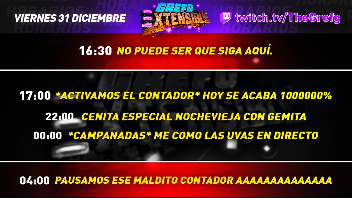 TheGrefg's tweet photo. #UnAñoNuevoConGrecox

💜🚀 HORARIO EXTENSIBLE *DÍA 29* 🚀💜

No me puedo creer que haya posibilidad de comerme las uvas en directo con la sub a 5 segundos. Pues nada, vamos a ver lo que sucede, todos LOCOS.

🙏🏻 https://t.co/hWQuFo0UxU https://t.co/m9PNnokRIU
