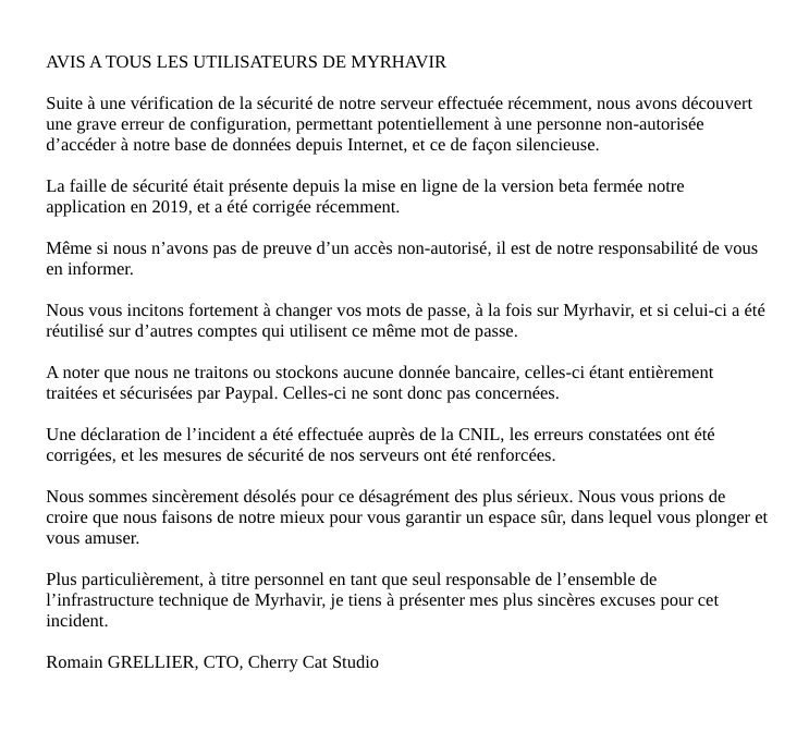 myrhavir's tweet photo. Note d'information importante ! Merci de lire cette note au sujet d'une faille de sécurité découverte et corrigée sur le site : https://t.co/9opcBSLm3S https://t.co/RGhwadGo5I