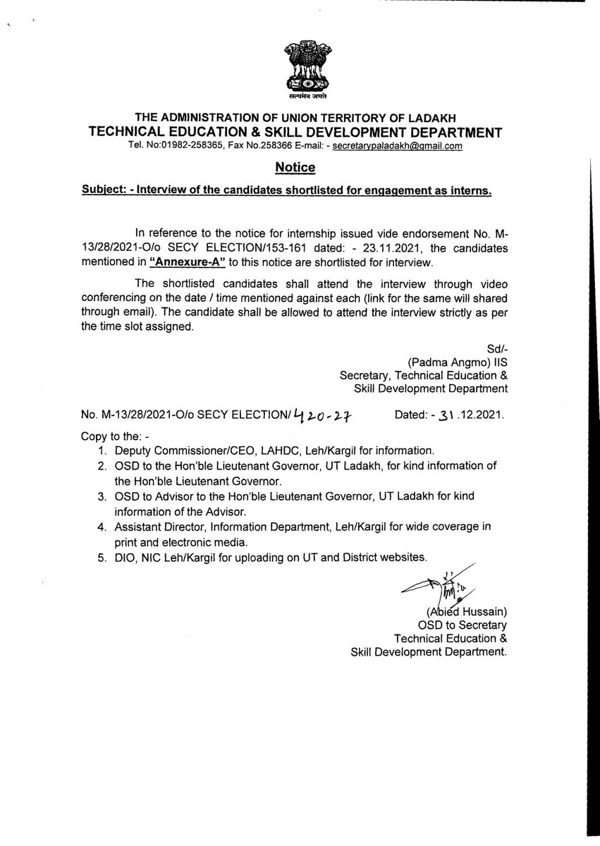DIPR_Kargil's tweet photo. #TechnicalEducation and #SkillDevelopmentDepartment issues a notice to conduct interview of the candidates shortlisted for engagement as interns.

@lg_ladakh @LadakhSecretary @santoshsukhdeve https://t.co/slD9EQqbT2