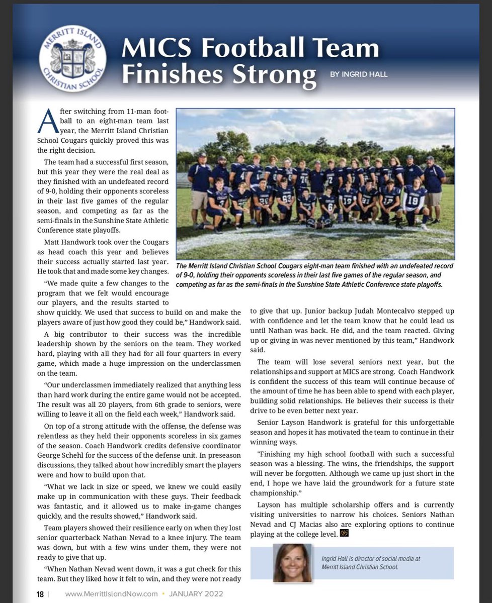 MICFootball's tweet photo. Great recap by #MerrittIslandNow magazine of our strong 2021 season and the bright future at @MIC_Cougars  @MICathletics @Coach_Handwork @Layson50 @NathanNevad @CJMacias50 @SSACFootball #fff #noexcuses https://t.co/bUdBmkg9Kv
