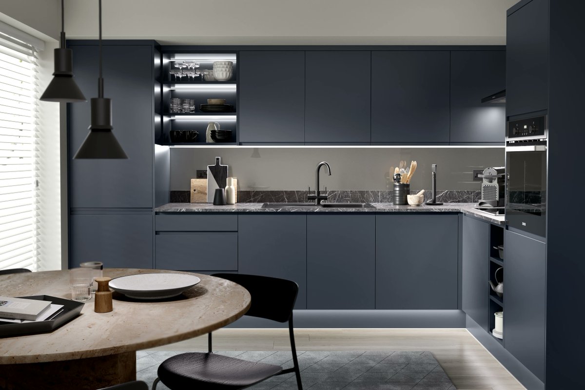 PikcellsUK's tweet photo. Our #stylists have used a darker blue and grey colour palette in these #interiors, which our #3D team have elevated by combining under unit lighting &amp; natural light. It's a more complex #CG lighting setup but one that's really paid off.
#bluekitchen #3dsmax #archviz #kitchengoals https://t.co/YeOrVSV8ZT