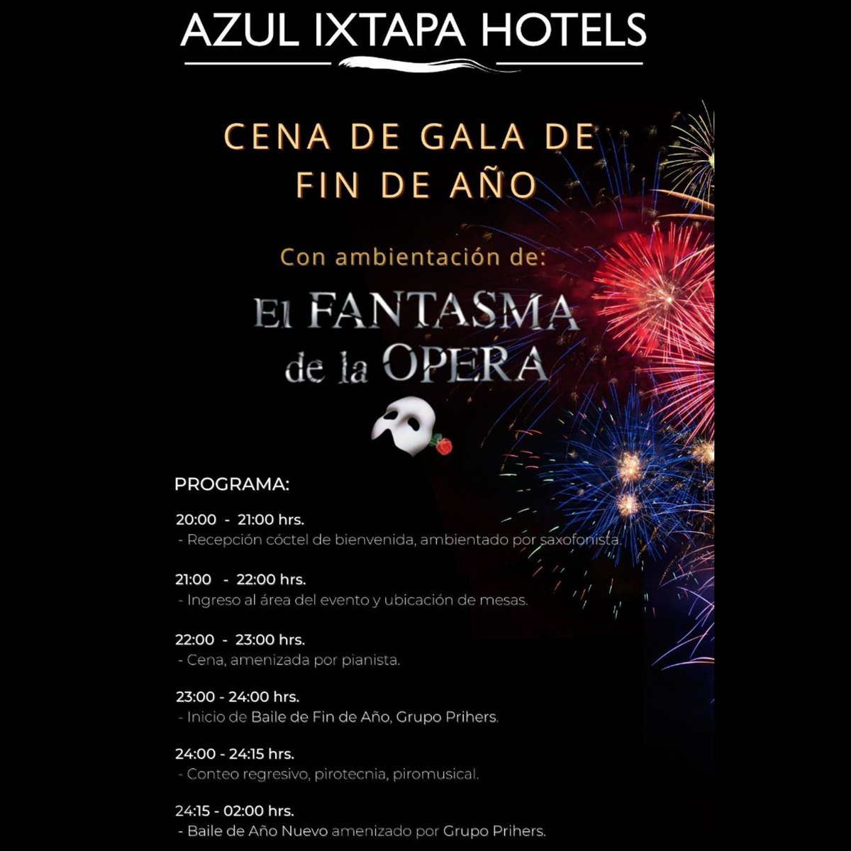 Disfruta de una increíble experiencia en nuestra Cena de Gala y recibamos juntos el año 2022. 🎆🎆
Precios al público:
-Adulto: $2,499.00 MXN
-Menores 4 - 12 años : $1,250.00 MXN
-Menores 0 - 3 años: Sin costo
📞Reservaciones al: 755 555-0000 Ext. 6049