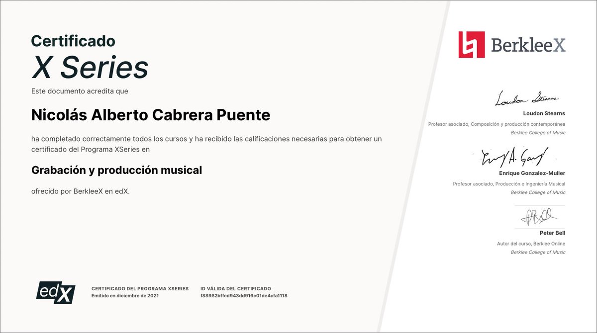 CabreraNiko's tweet photo. Uno de esos propósitos de comienzos de año que si se cumplen! 

Estoy muy orgulloso y contento de haber realizado este programa de Berklee de 3 cursos y haber certificado mis conocimientos como productor musical! 🤟🤩🎶

Gracias a todos los artistas que confiaron este año en mí! https://t.co/cpdHBQTWaP