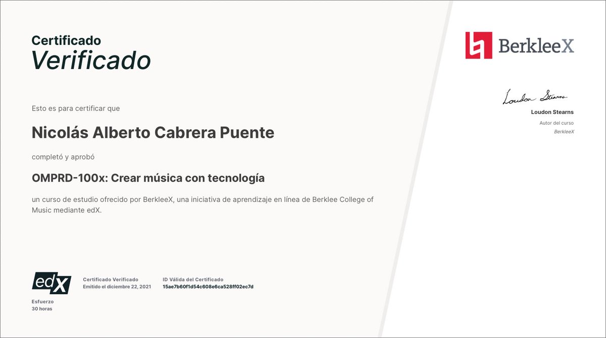 CabreraNiko's tweet photo. Uno de esos propósitos de comienzos de año que si se cumplen! 

Estoy muy orgulloso y contento de haber realizado este programa de Berklee de 3 cursos y haber certificado mis conocimientos como productor musical! 🤟🤩🎶

Gracias a todos los artistas que confiaron este año en mí! https://t.co/cpdHBQTWaP
