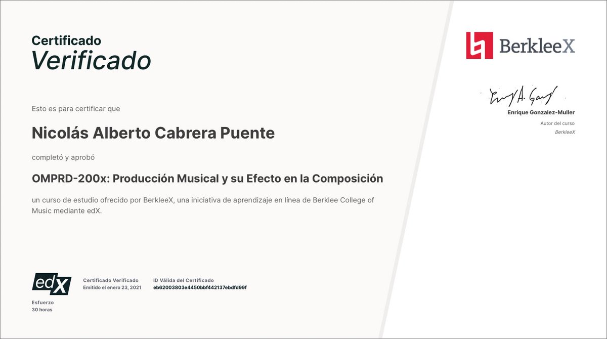 CabreraNiko's tweet photo. Uno de esos propósitos de comienzos de año que si se cumplen! 

Estoy muy orgulloso y contento de haber realizado este programa de Berklee de 3 cursos y haber certificado mis conocimientos como productor musical! 🤟🤩🎶

Gracias a todos los artistas que confiaron este año en mí! https://t.co/cpdHBQTWaP
